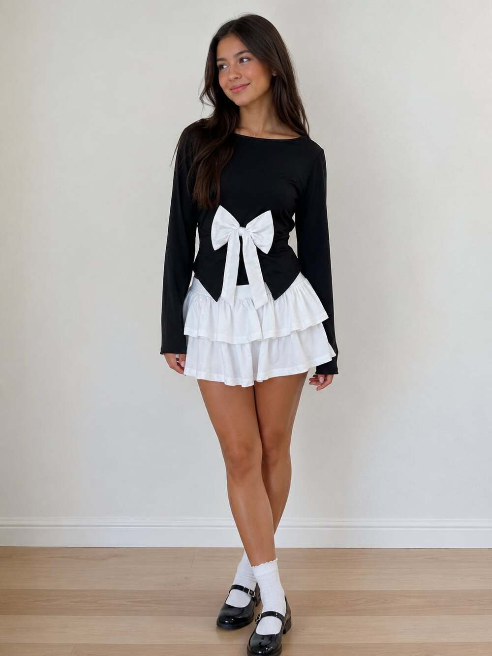 Shein Bow Detail SMALL Long Sleeve Top and XS Ruffle Skirt Set Size S